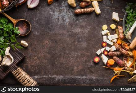 Vegetables cooking and eating food background with cooking spoon, top view, frame, place for text and recipes