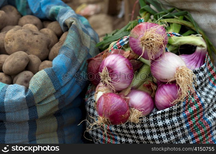 Vegetables for sale at a store, Pisac, Sacred Valley, Cusco Region, Peru