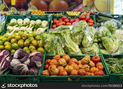 Vegetables in crates in supermarket. Arranged tomatoes, lettuce, fennel and radicchio.