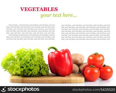Vegetables in kitchen for salad, isolated on white. With copy text