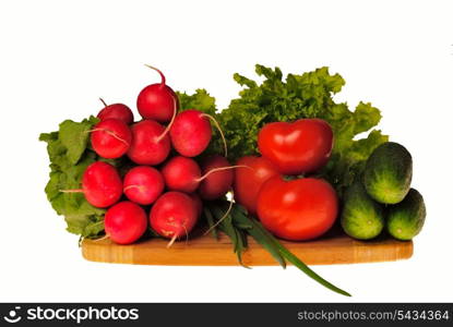 Vegetables in kitchen for salad on wooden hardboard, isolated on white