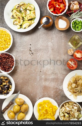 Vegetables in plates. baked and fried vegetables. Selective focus.