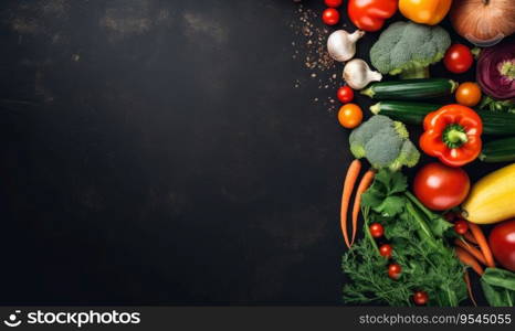 Vegetables on black wood background. Vegetarian organic food banner. Cooking ingredient - carrot, tomatoes, cucumber, pepper, broccoli, onion. Top view. Copy space. Created with generative AI tools. Vegetables on black wood background. Vegetarian organic food banner. Cooking ingredient. Created by AI tools