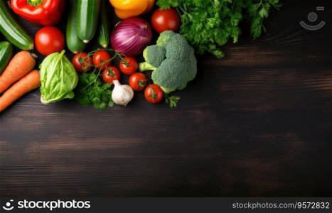 Vegetables on black wood background. Vegetarian organic food banner. Cooking ingredient - carrot, tomatoes, cucumber, pepper, broccoli, onion. Top view. Copy space. Created with generative AI tools. Vegetables on black wood background. Vegetarian organic food banner. Cooking ingredient. Created by AI tools