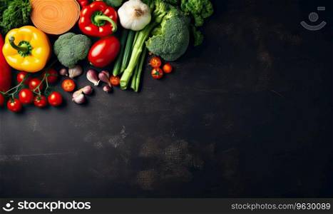 Vegetables on black wood background. Vegetarian organic food banner. Cooking ingredient - carrot, tomatoes, cucumber, pepper, broccoli, onion. Top view. Copy space. Created with generative AI tools. Vegetables on black wood background. Vegetarian organic food banner. Cooking ingredient. Created by AI tools