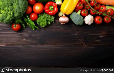 Vegetables on black wood background. Vegetarian organic food banner. Cooking ingredient - carrot, tomatoes, cucumber, pepper, broccoli, onion. Top view. Copy space. AI Generative. Vegetables on black wood background. AI Generative