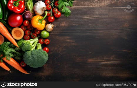 Vegetables on old wood table background. Top view. Vegetarian organic food banner. Cooking ingredient - carrot, tomatoes, cucumber, pepper, broccoli, onion. Copy space. Created with generative AI tool. Vegetables on old wood table background. Top view. Vegetarian organic food banner. Created by AI tools