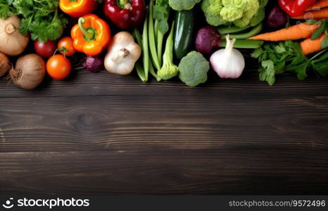 Vegetables on old wood table background. Top view. Vegetarian organic food banner. Cooking ingredient - carrot, tomatoes, cucumber, pepper, broccoli, onion. Copy space. Created with generative AI tool. Vegetables on old wood table background. Top view. Vegetarian organic food banner. Created by AI tools