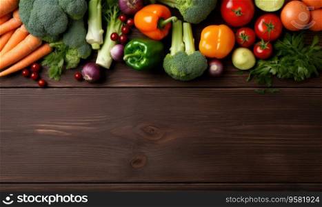 Vegetables on old wood table background. Top view. Vegetarian organic food banner. Cooking ingredient - carrot, tomatoes, cucumber, pepper, broccoli, onion. Copy space. Created with generative AI tool. Vegetables on old wood table background. Top view. Vegetarian organic food banner. Created by AI tools