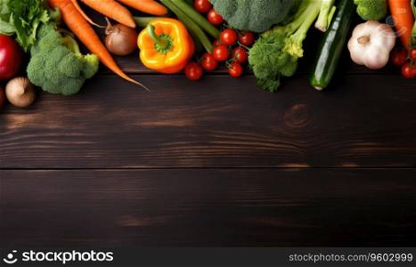 Vegetables on old wood table background. Top view. Vegetarian organic food banner. Cooking ingredient - carrot, tomatoes, cucumber, pepper, broccoli, onion. Copy space. Created with generative AI tool. Vegetables on old wood table background. Top view. Vegetarian organic food banner. Created by AI tools