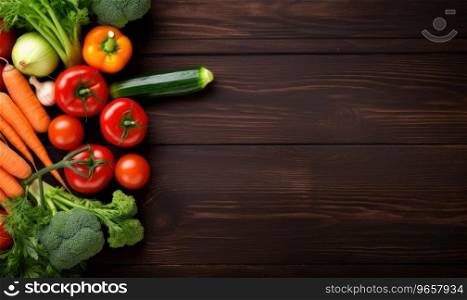 Vegetables on old wood table background. Top view. Vegetarian organic food banner. Cooking ingredient - carrot, tomatoes, cucumber, pepper, broccoli, onion. Copy space. AI Generative. Vegetables on old wood table background. AI Generative