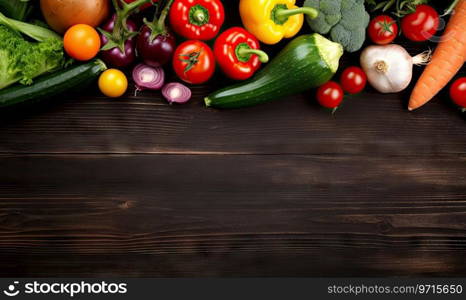 Vegetables on old wood table background. Top view. Vegetarian organic food banner. Cooking ingredient - carrot, tomatoes, cucumber, pepper, broccoli, onion. Copy space. AI Generative. Vegetables on old wood table background. AI Generative