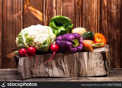 Vegetables on the wooden stump. Colorfull compostiton. Vegetables still life