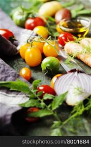 Vegetables on wood. Bio Healthy food, herbs and spices. Organic vegetables on wood. Cooking, Healthy Eating or Vegetarian concept
