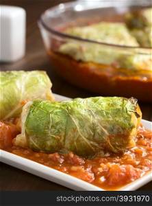 Vegetarian baked stuffed savoy cabbage roll filled with wholegrain rice, pepper, onion and carrot, served on tomato sauce on plate, photographed with natural light (Selective Focus, Focus on the front of the roll)
