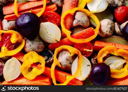vegetarian dish of roasted tomatoes,peppers,potatoes and mushrooms