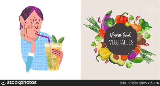 Vegetarian drinking juice. Vegetarian food. Vector illustration on white background. Colorful vegetables with unique hand drawn texture.. Happy world vegetarian day. Vector illustration with hand drawn unique textures.