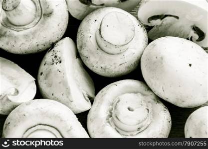 Vegetarian food. Closeup of fresh white mushrooms champigonons as background.