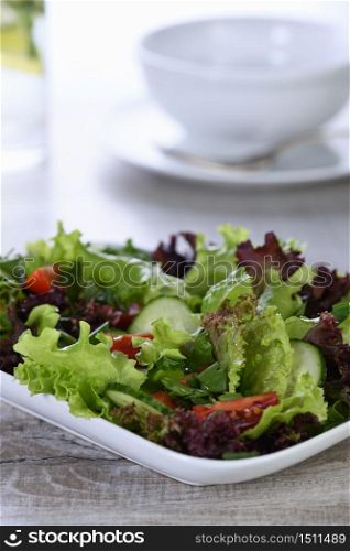 Vegetarian food. Detox vegetable salad - Lettuce, tomato, cucumber seasoned lemon-olive gravy. A dish for those who monitor their health