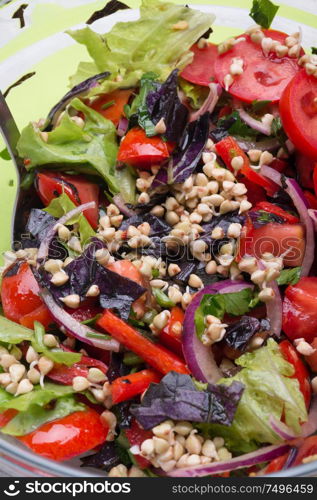 vegetarian fresh salad with vegetables, herbs and sprouts of buckwheat. healthy raw eating food. macro shor