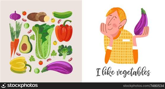 Vegetarian holding an eggplant. Vector illustration on white background. Colorful vegetables with unique hand drawn texture.. Happy world vegetarian day. Vector illustration with hand drawn unique textures.