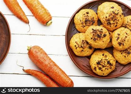 Vegetarian homemade carrot biscuits. Carrot cookies on white background. Carrot cookies, delicious dessert