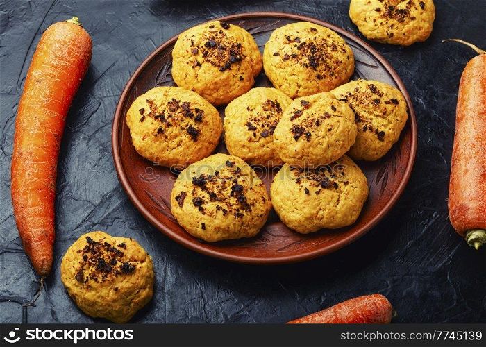 Vegetarian homemade carrot pastry. Carrot fresh baked cookies. Carrot cookies, delicious dessert