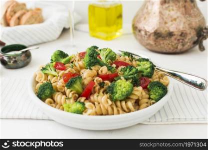 vegetarian pasta fusilli with tomato broccoli. High resolution photo. vegetarian pasta fusilli with tomato broccoli. High quality photo