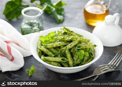 Vegetarian pasta penne with savory spinach sauce