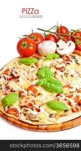 Vegetarian pizza with peppers, mushrooms, tomatoes, olives and basil