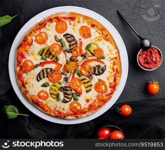 vegetarian pizza with zucchini, eggplant, mushrooms and tomato
