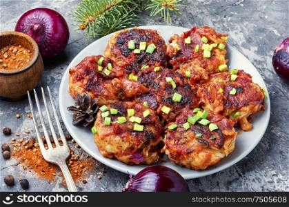 Vegetarian red onion cutlets on a plate.Vegetable cutlets. Dietary vegetable cutlets.