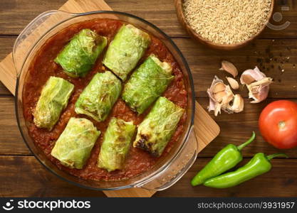 Vegetarian stuffed savoy cabbage rolls filled with wholegrain rice, pepper, onion and carrot, baked on tomato sauce in pan, photographed overhead on dark wood with natural light