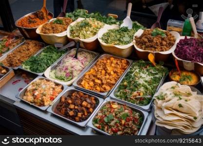 vegetarian taco stand, with options for different types of tacos and fillings, created with generative ai. vegetarian taco stand, with options for different types of tacos and fillings