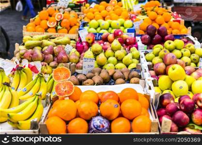 Veggetable and fruit market Campo di Fiori at Rome. Fresh fruits variety - apples,pears,bananas,oranges. Rome, Italy feb.2017