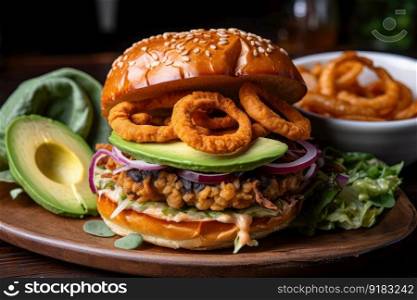 veggie burger topped with avocado slices and crispy onion rings on toasted bun, created with generative ai. veggie burger topped with avocado slices and crispy onion rings on toasted bun