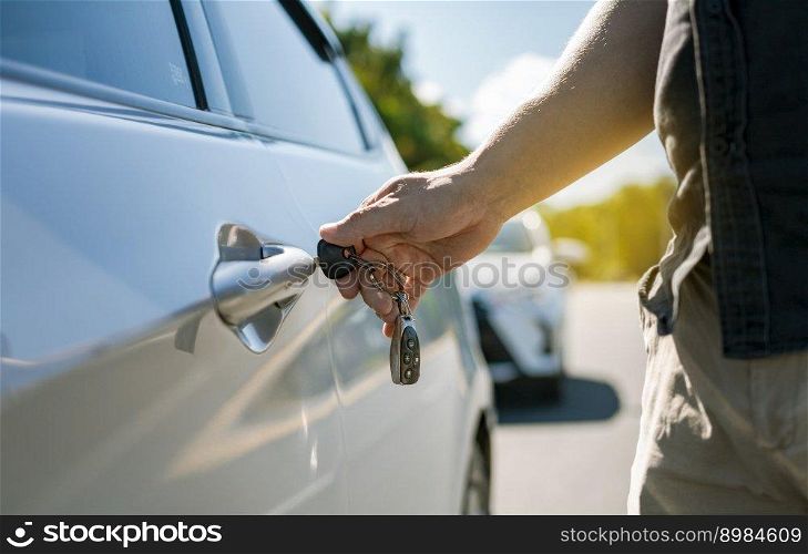 Vehicle owner opening the door with the keys. Hands with keys opening the car door. Close-up of hands opening the car door with the key