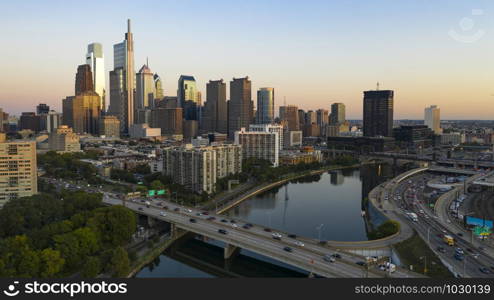 Vehicle traffic moves on bridges over the Schuylkill River into and out of Philadelphia