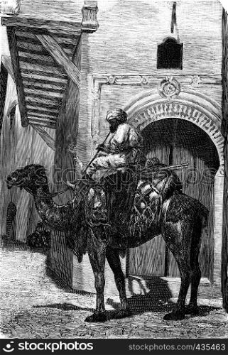 Vehicles of the great Sahara. The leader of the caravan, vintage engraved illustration. Journal des Voyages, Travel Journal, (1879-80).