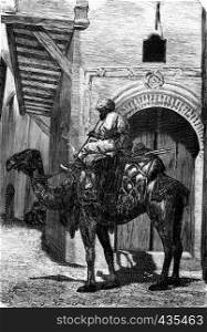 Vehicles of the great Sahara. The leader of the caravan, vintage engraved illustration. Journal des Voyages, Travel Journal, (1879-80).