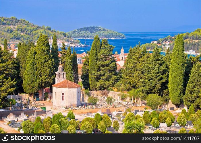 Vela Luka on Korcula island bay and cemetery view, archipelago of southern Dalmatia, Croatia