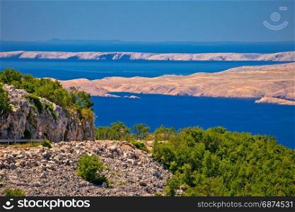 Velebit channel seaside road and desert islands of Pag and Rab view, scenic route in Croatia