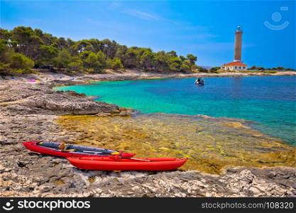 Veli Rat lighthouse and turquoise beach view, Dugi Otok island, Dalmatia, Croatia