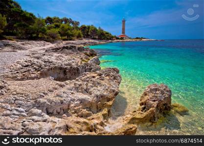Veli Rat lighthouse and turquoise beach view, Dugi Otok island, Dalmatia, Croatia