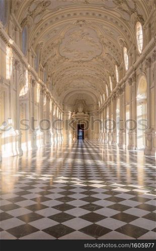 VENARIA REALE, ITALY - CIRCA SEPTEMBER 2020  luxury marble for this gallery interior. The Great Gallery is located in Reggia di Venaria Reale  Venaria Royal Palace 