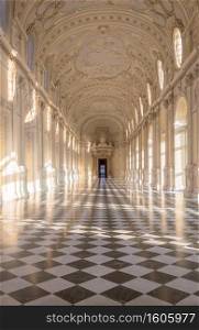 VENARIA REALE, ITALY - CIRCA SEPTEMBER 2020  luxury marble for this gallery interior. The Great Gallery is located in Reggia di Venaria Reale  Venaria Royal Palace 