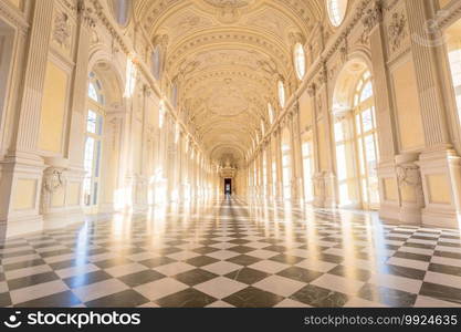 VENARIA REALE, ITALY - CIRCA SEPTEMBER 2020  luxury marble for this gallery interior. The Great Gallery is located in Reggia di Venaria Reale  Venaria Royal Palace 