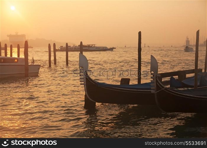 Venetian gondolas at sunrise in Venice, Italy&#xA;