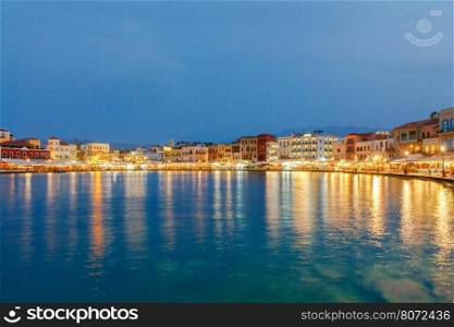 Venetian harbor in night light, Crete, Chania