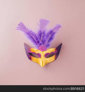 Venetian mask, Carnival mask for Mardi Gras celebration isolated on purple background banner design with copy space, jewish holiday, Purim in Hebrew holiday carnival ball, Happy Purim carnival concept